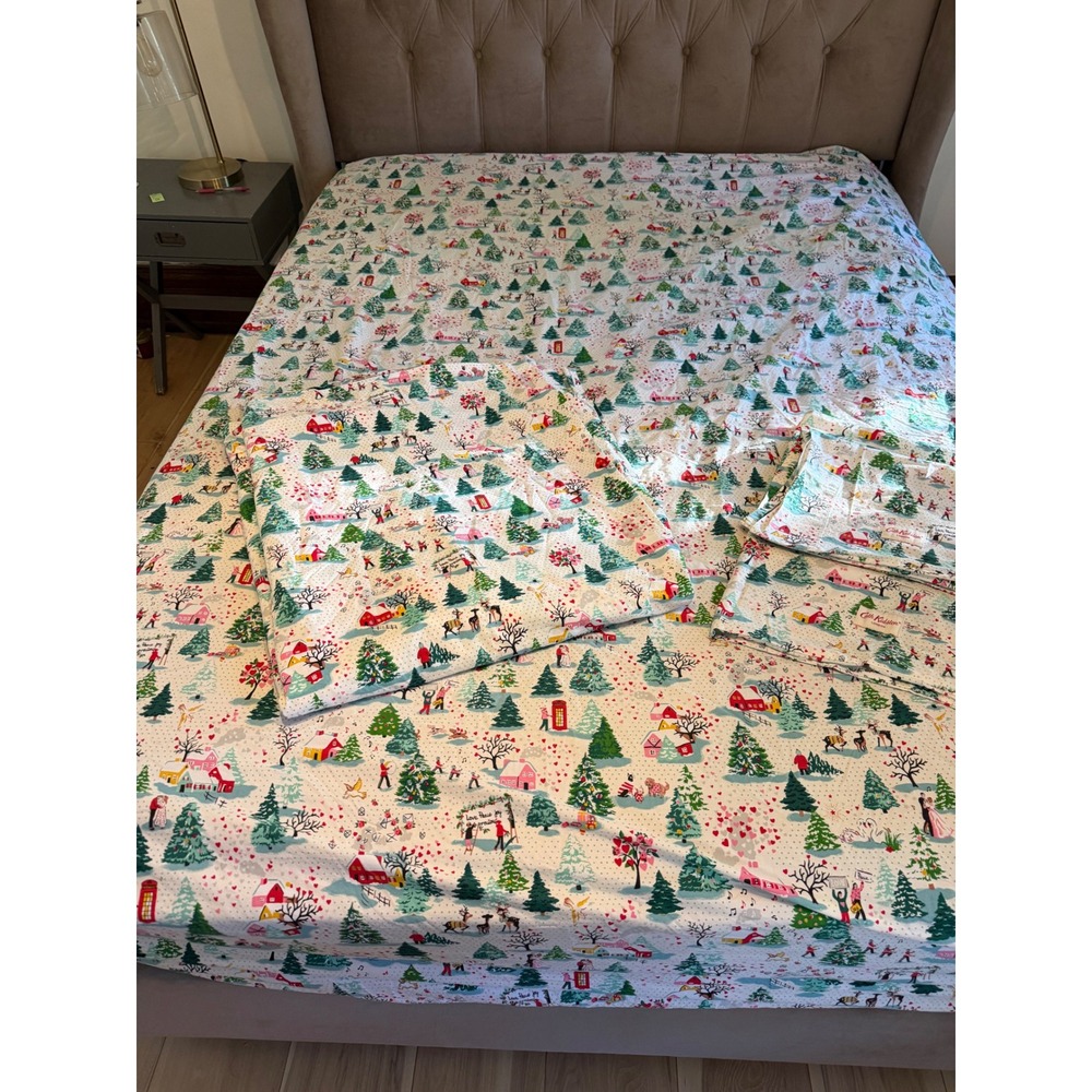 Cath Kidston Christmas Village Cotton Bedding Set White Green Red Holiday queen